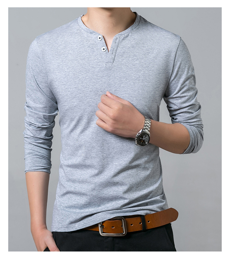 2017春季新款男士长袖t恤时尚休闲精品男装男式纯色v领棉t恤薄款