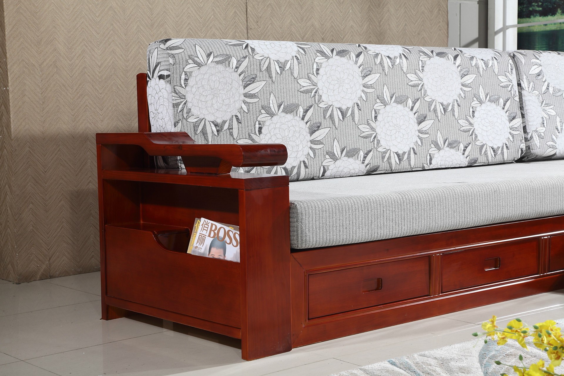 小户型客厅午睡推拉抽屉转角贵妃储物家具富贵红简约中式沙发床