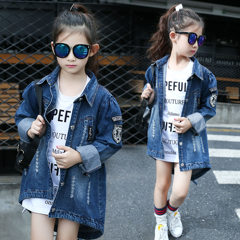 Girls' Jean Jacket 2023 New Spring and Autumn Medium and Big Children Fashion Cardigan Coat Korean Style Mid-Length Denim Fashion