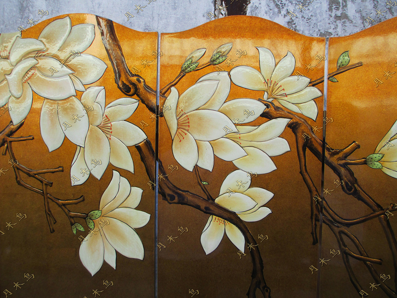 手绘漆画新中式玉兰花古典装饰酒店会所家庭客厅高档金箔做旧屏风