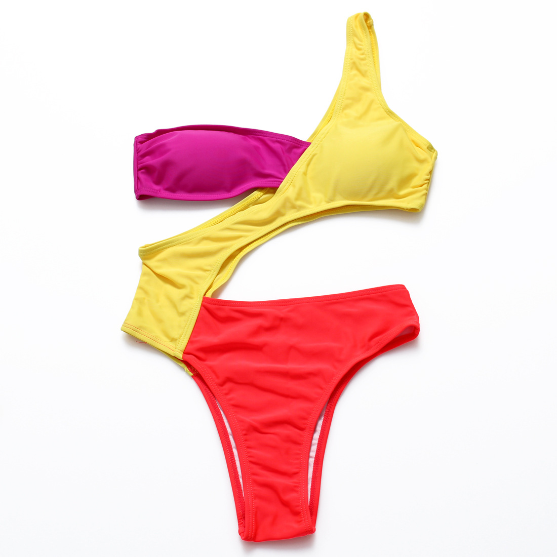 速卖通欧美外贸性感单肩女士连体泳衣 撞色抹胸三角裤连体泳装