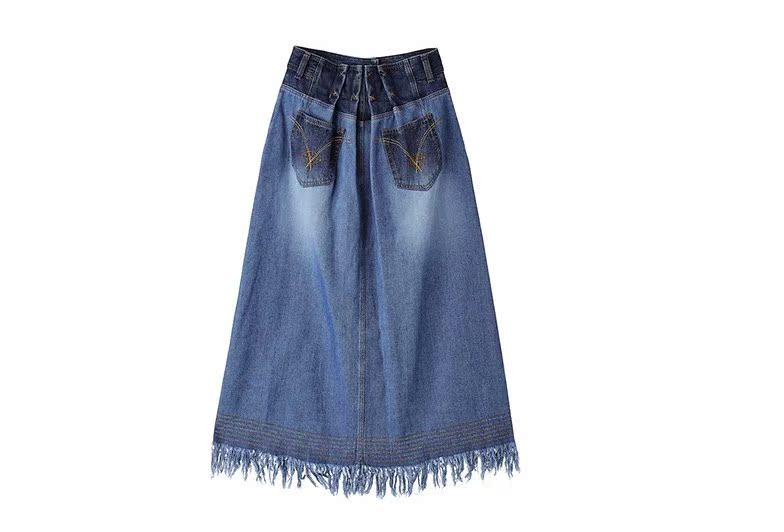 水洗chouette牛仔水洗打磨加长流苏款散摆淑女裙子 lucky