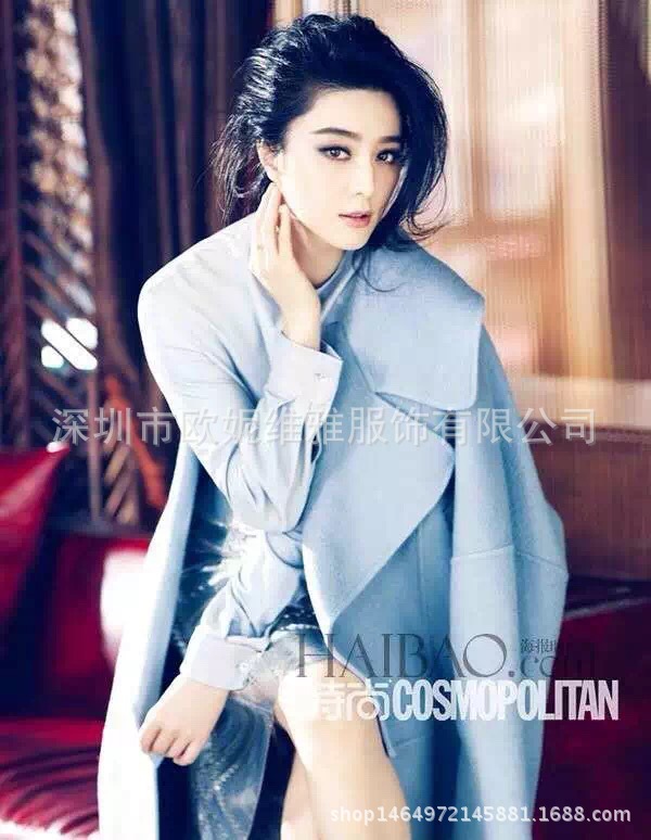 欧洲站2016欧美大牌同款范冰冰宋佳明星同款浅蓝色七分袖毛呢大衣