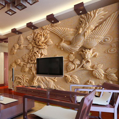 客厅卧室电视背景墙中式古典壁画墙纸3d浮雕立体装饰画影视布