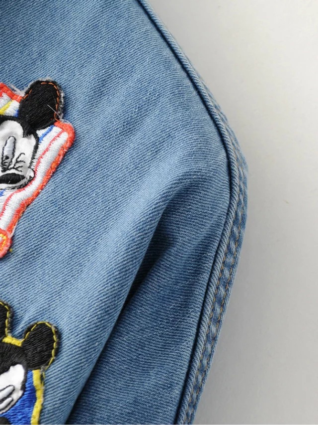 外贸批发欧美女装米奇图案刺绣印花水洗做旧