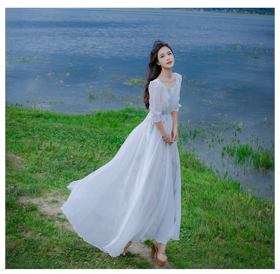 清仓预售 春季重工绣花礼服超长大摆修身圆领连衣裙女装