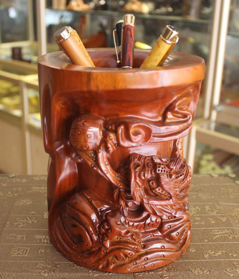 18*15cm草花梨实木雕刻花鸟笔筒 居