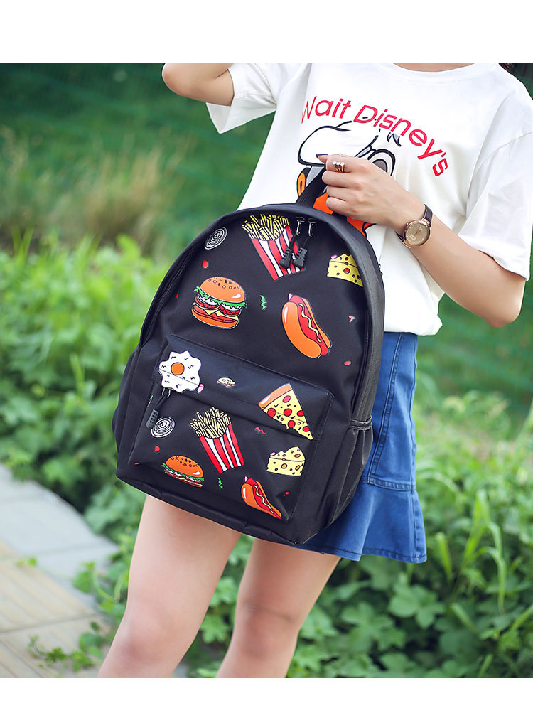 新款双肩背包女日系卡通汉堡薯条食物印花潮学院风休闲学生书包男