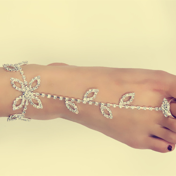 厂家供应拉丁舞脚背链 白水晶叶子造型配饰 来样定做脚饰厂家直供