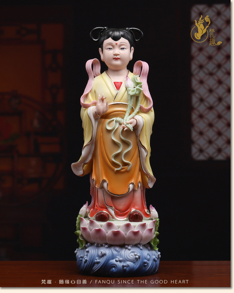 风水 彩色善财童子 龙女摆件德化陶瓷金童玉女招财摆件家居供奉
