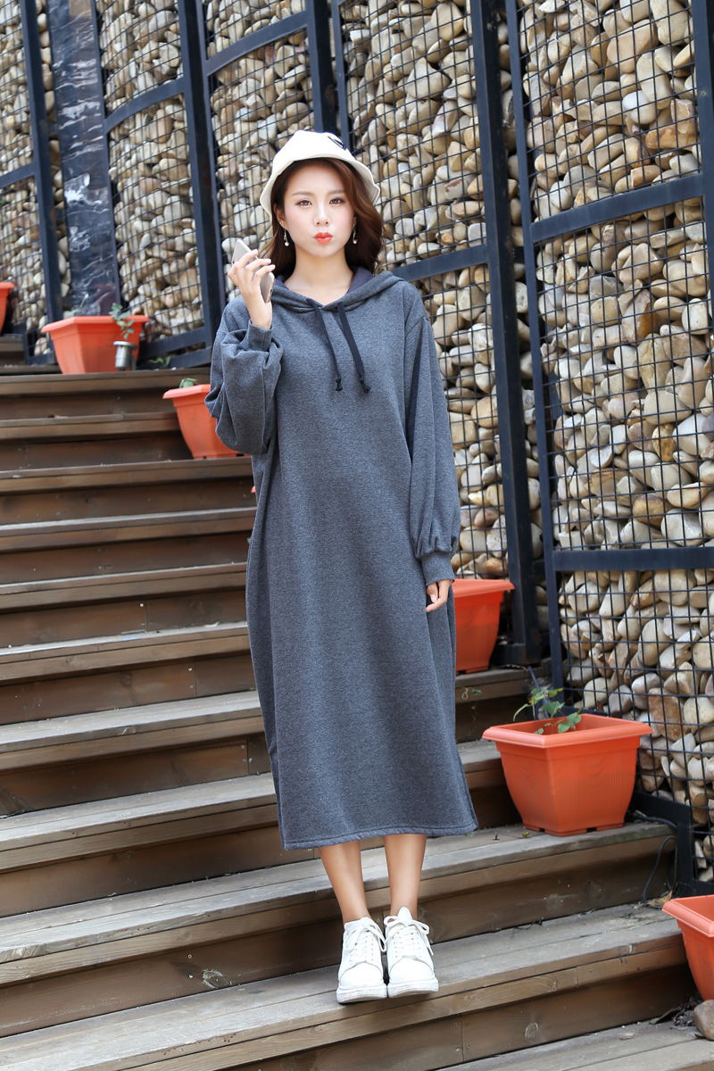 18秋冬新款加绒保暖加肥宽松大码长袖连帽卫衣裙女开叉韩版连衣裙