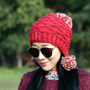 手工毛线帽女 秋冬文艺清新可爱大球帽子纯色编织女帽 复古针织帽