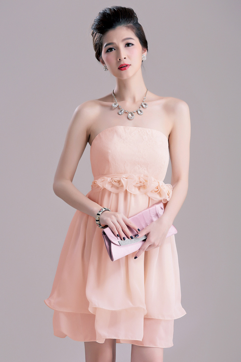 代理批发三穿式伴娘小礼服抹胸雪纺女大码女装胖mm 新增粉色2385-阿里