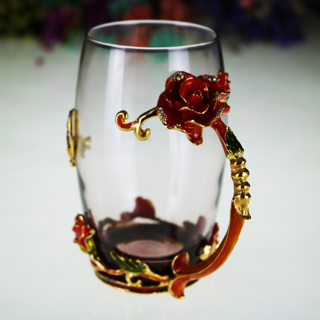 时尚珐琅彩水晶花茶杯果汁杯耐热水晶玻璃杯咖啡杯红酒杯创意