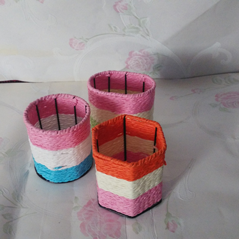 厂家直销手工编织彩色绳编小笔筒桌面办公收纳圆形椭圆六角笔筒