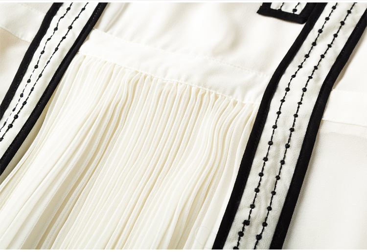 欧美新款圆领飘带泡泡袖收腰风琴褶显瘦修身撞色打条连衣裙