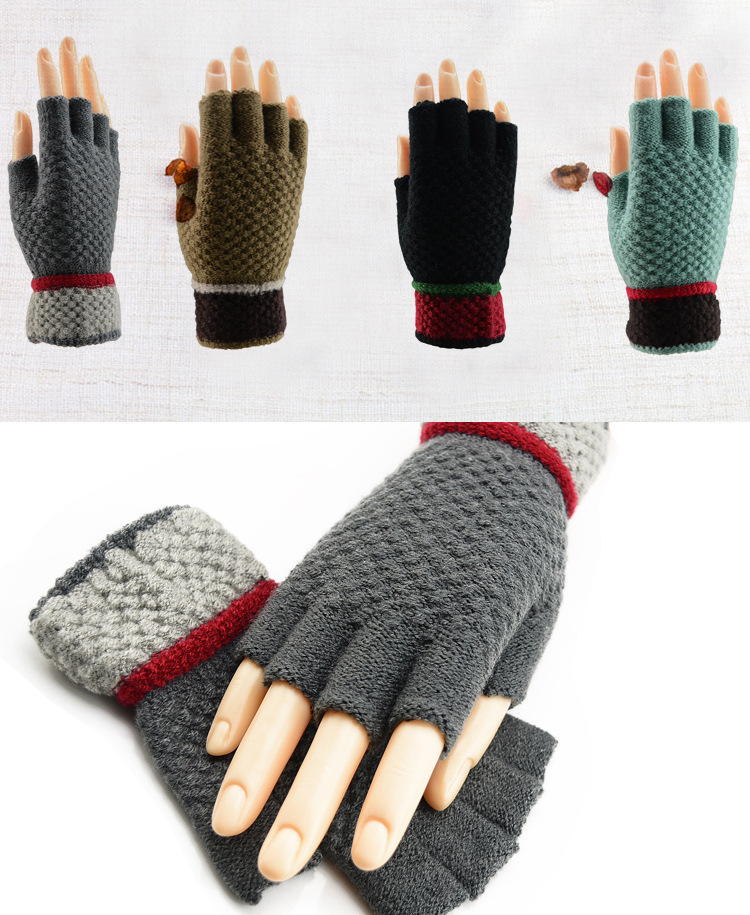 女士毛线半指手套 男 冬季保暖加厚韩版露指半截手套男冬 学生