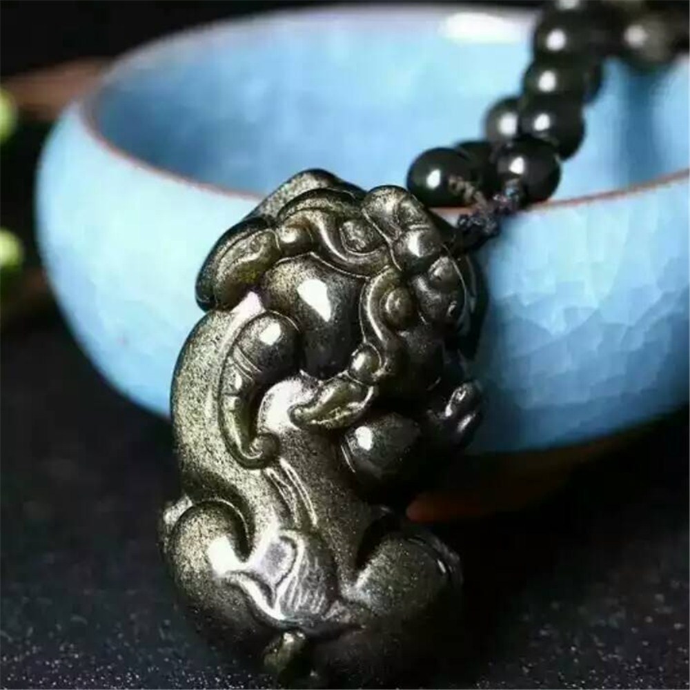 东海节高水晶天然金曜石大歪头貔貅男女款吊坠项链批发 支持代发