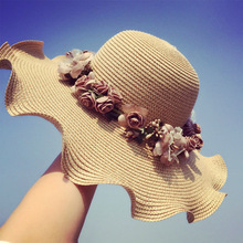 韩版大沿防晒遮阳太阳帽女士夏天沙滩花朵波浪边草帽海边花环帽子