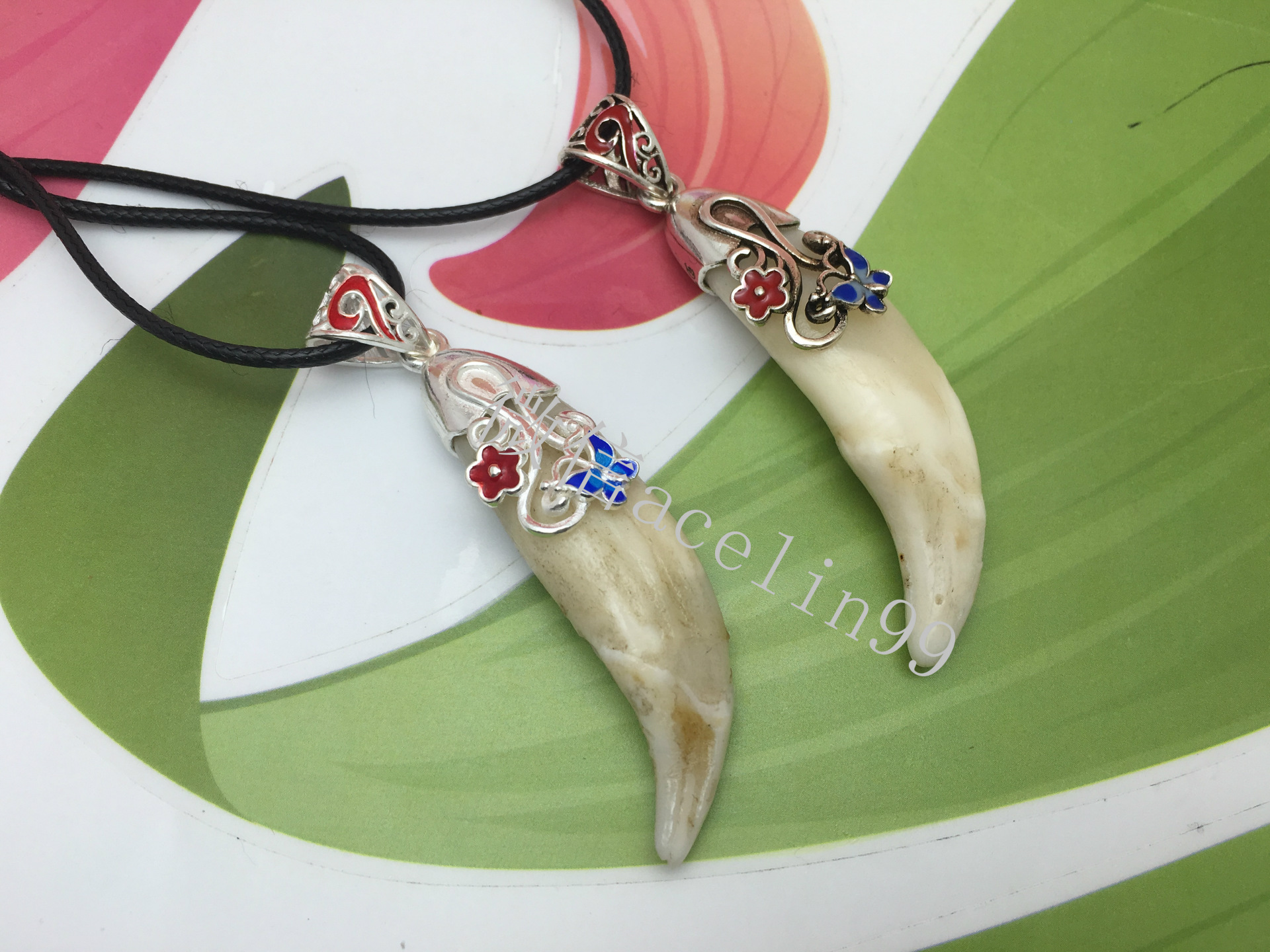 s925纯银狼牙套景泰蓝花样年华蝴蝶项链吊坠狼牙藏獒牙包牙银套批