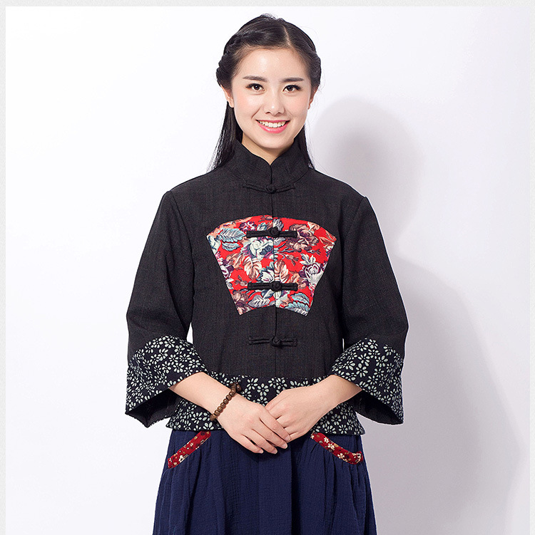 春秋季民族风棉麻女装修身单排扣唐装服装九分袖宽松短款上衣外套