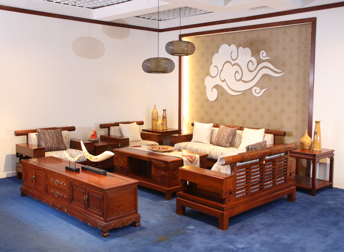 古艺坊 客厅如意祥云家具 纯实木中式榆木家具 中式时尚组合沙发