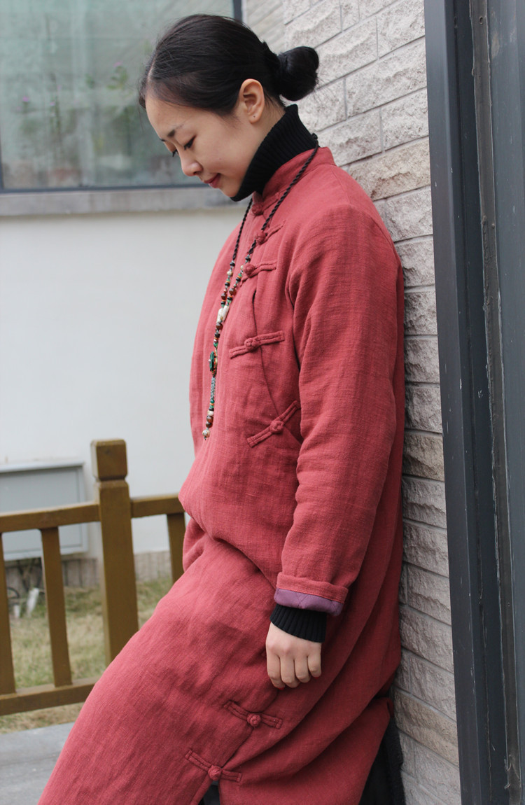 17冬新款棉麻女装文艺复古长款中式斜襟盘扣棉服棉袍高端棉衣