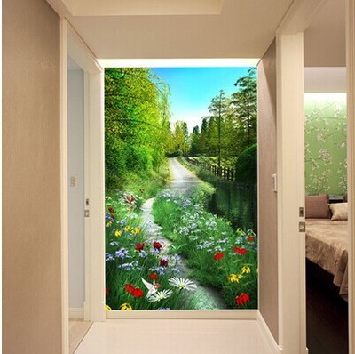 3d立体壁画竖版玄关过道走廊背景墙纸壁纸画田园自然风景延伸空间