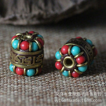 藏式尼泊尔顶珠手工桶珠镶嵌绿松石铜隔珠 民族风藏式佛珠diy配件