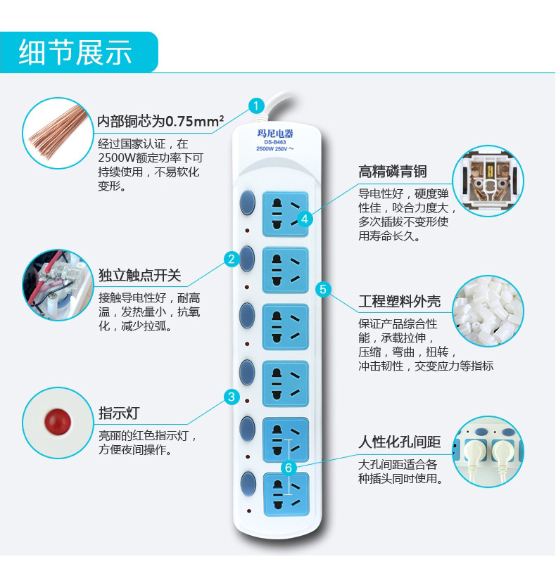 玛尼插座家用大功率安全接线板新国标粗铜带线插排五孔独立开关