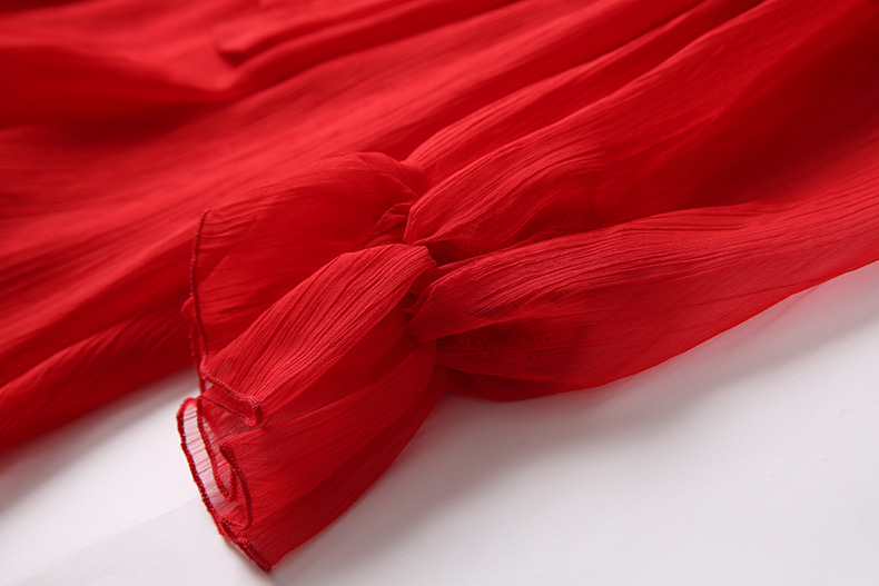 2018春安洛琪女装新款飘带领灯笼喇叭袖短款荷叶边蕾丝拼接连衣裙