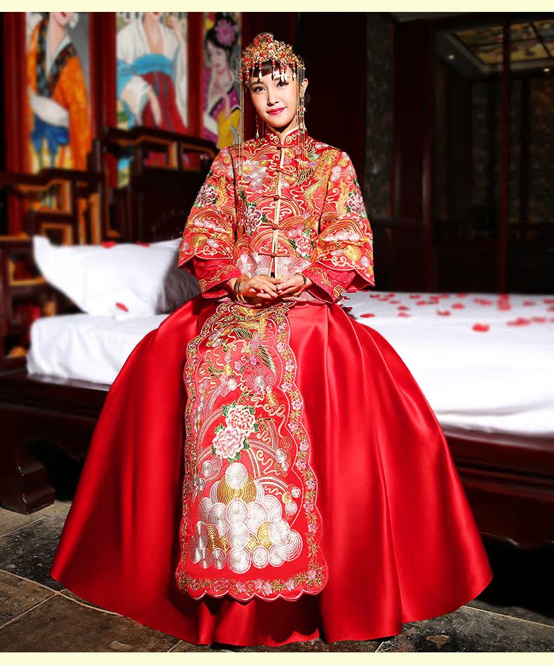 中式婚纱礼服结婚秀和服古典婚礼龙凤褂2016新款秋冬凤冠霞帔裙褂