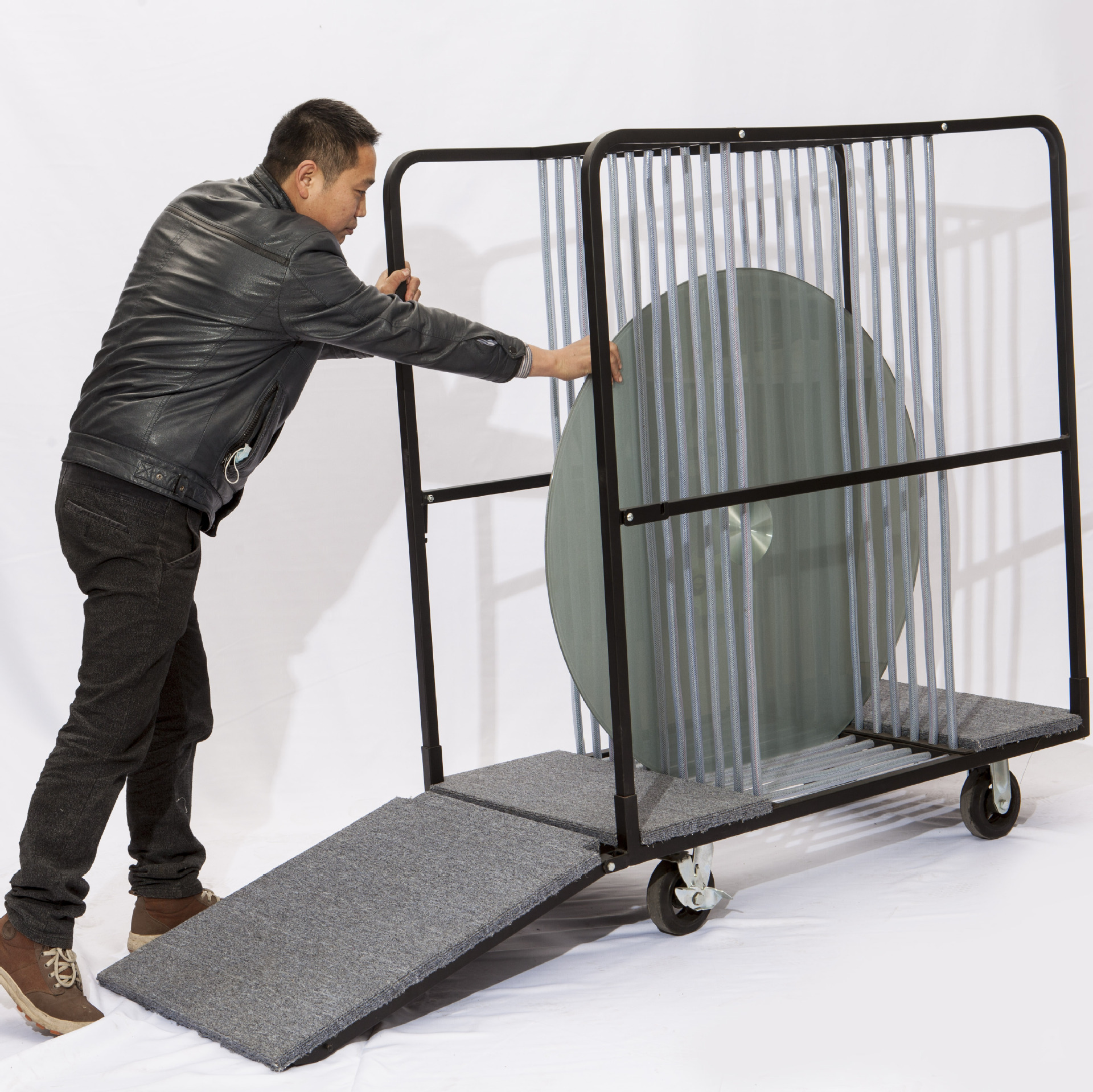 酒店踏板斜坡玻璃转盘推车拆装转盘收纳运输专用车