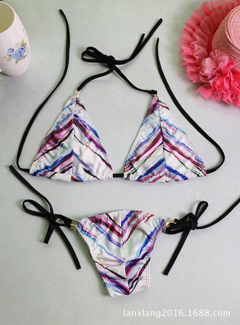 速卖通ebay条纹分体泳衣比基尼露背绑带