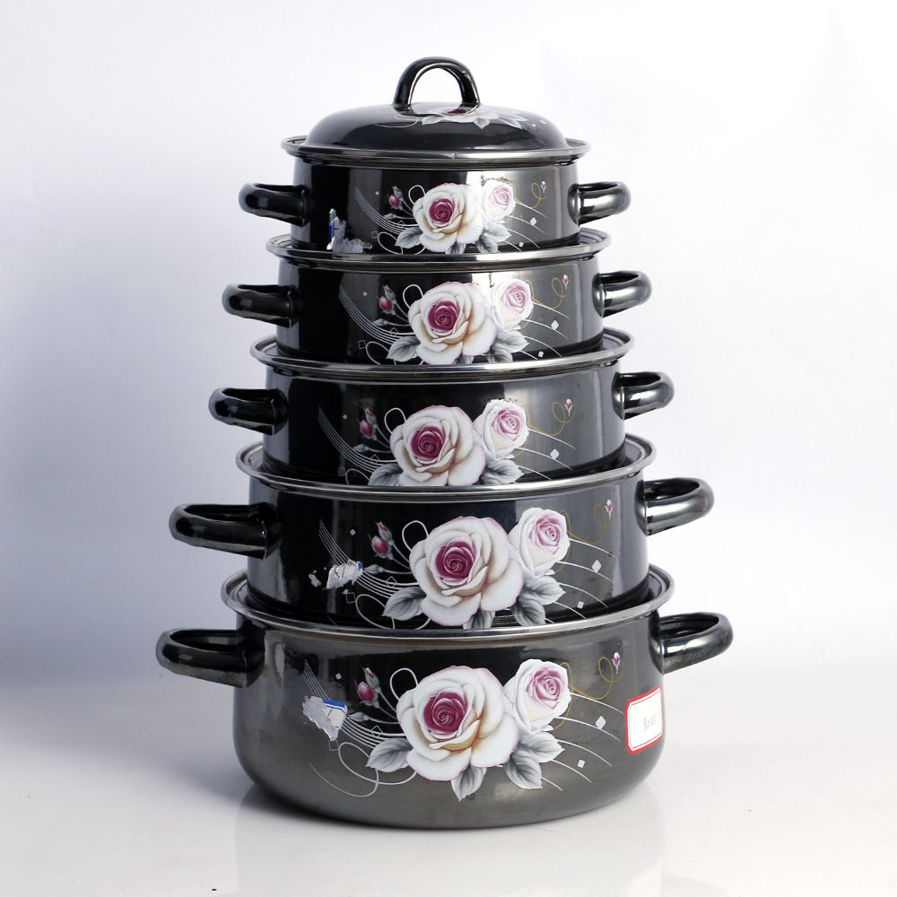 厂家批发订做环保搪瓷镜面釉蒸汤锅 673五件套酒精花印花出口订做