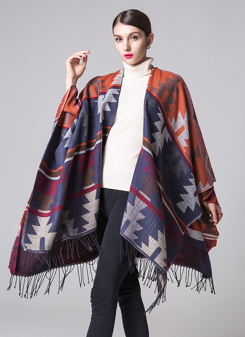 印第安几何菱形加长加厚仿羊绒wish爆款民族风旅行开叉披肩斗篷