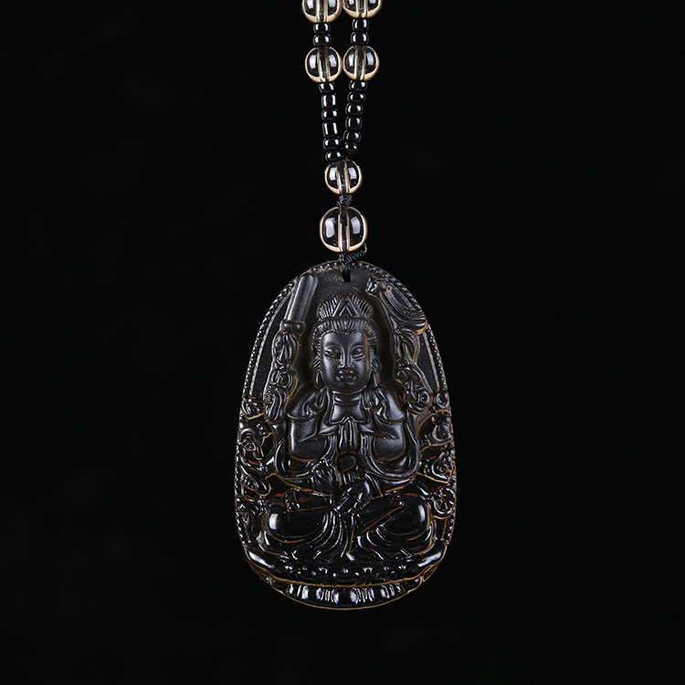 开光天然冰种黑曜石菩萨本命佛吊坠男女生守护神项链 批发包邮