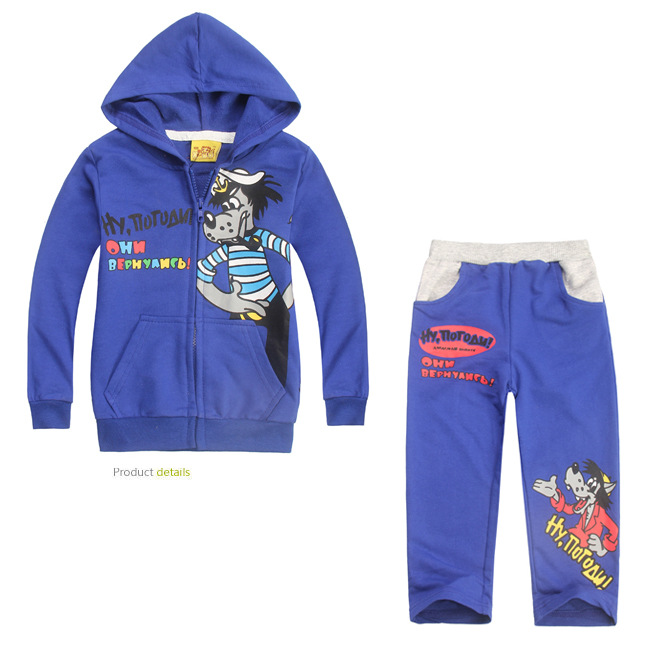 一件代发 卡通彩蓝色大灰狼印花毛圈卫衣仔