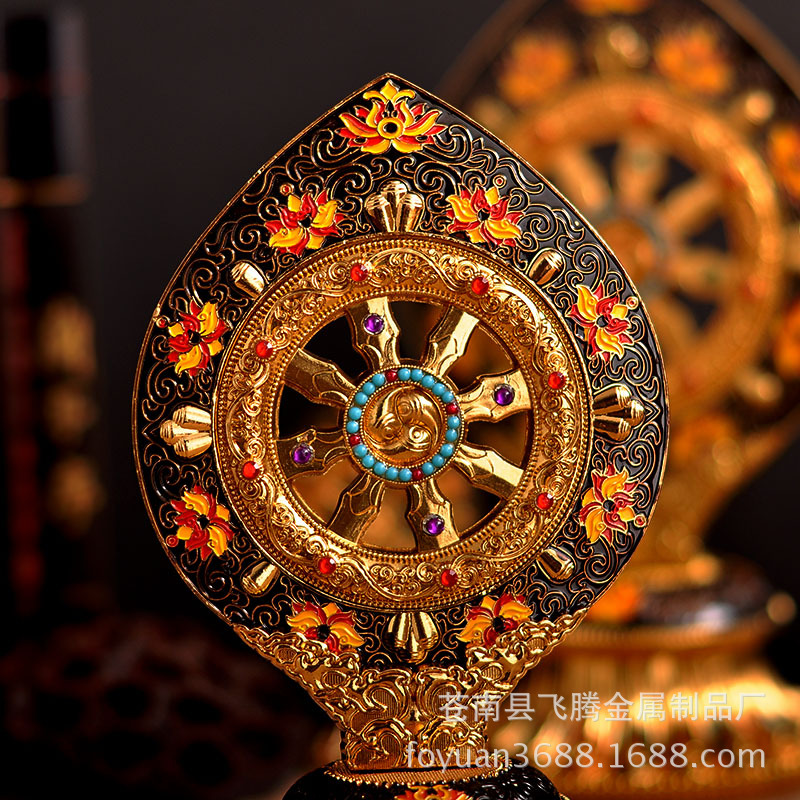 尼泊尔工艺珐琅法轮宝佛教用品 密宗可转动大法轮摆件高22cm