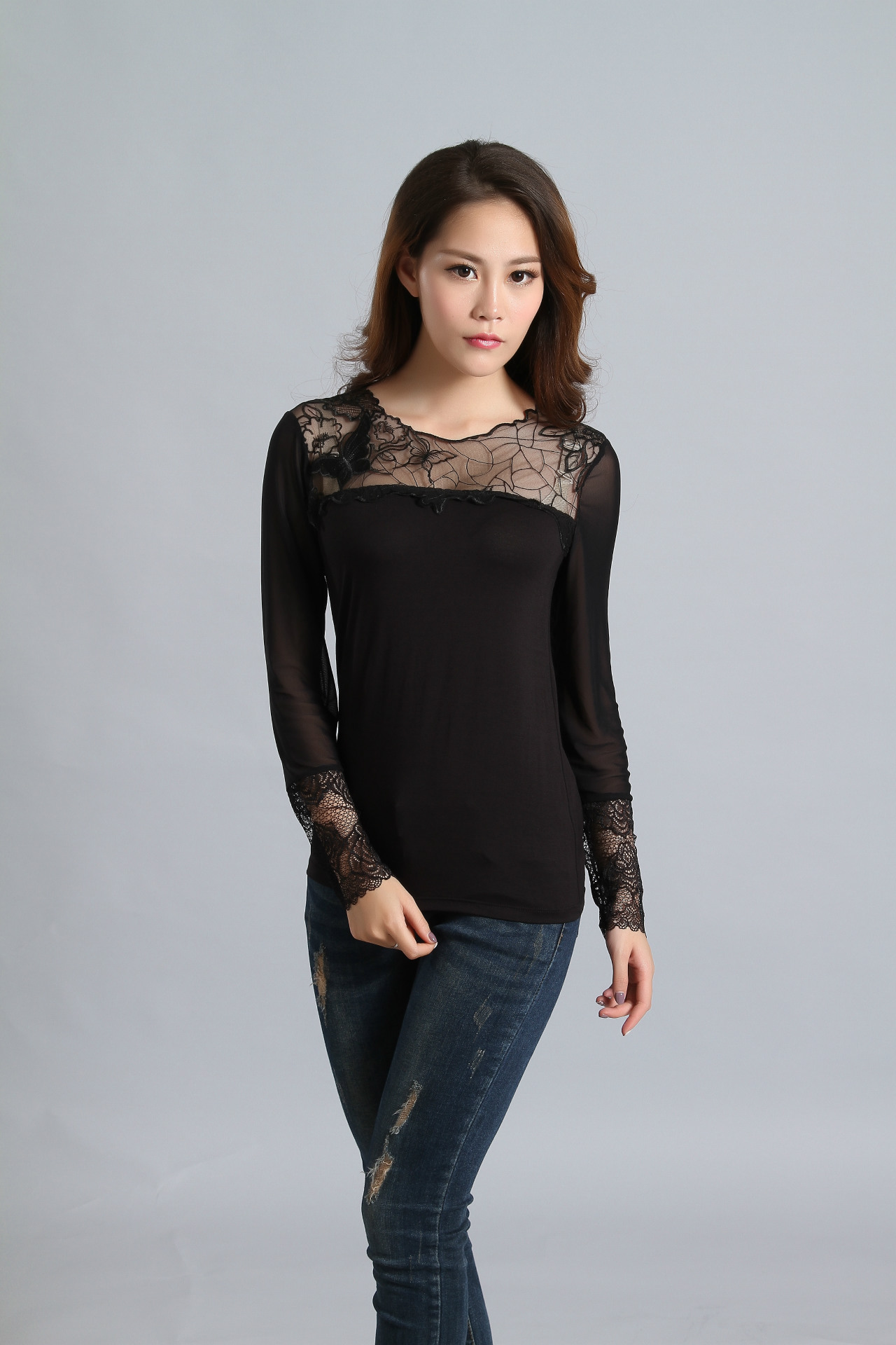 蕾丝衫女2016秋装新款女装修身大码雷丝衣打底衫长袖百搭短款上衣