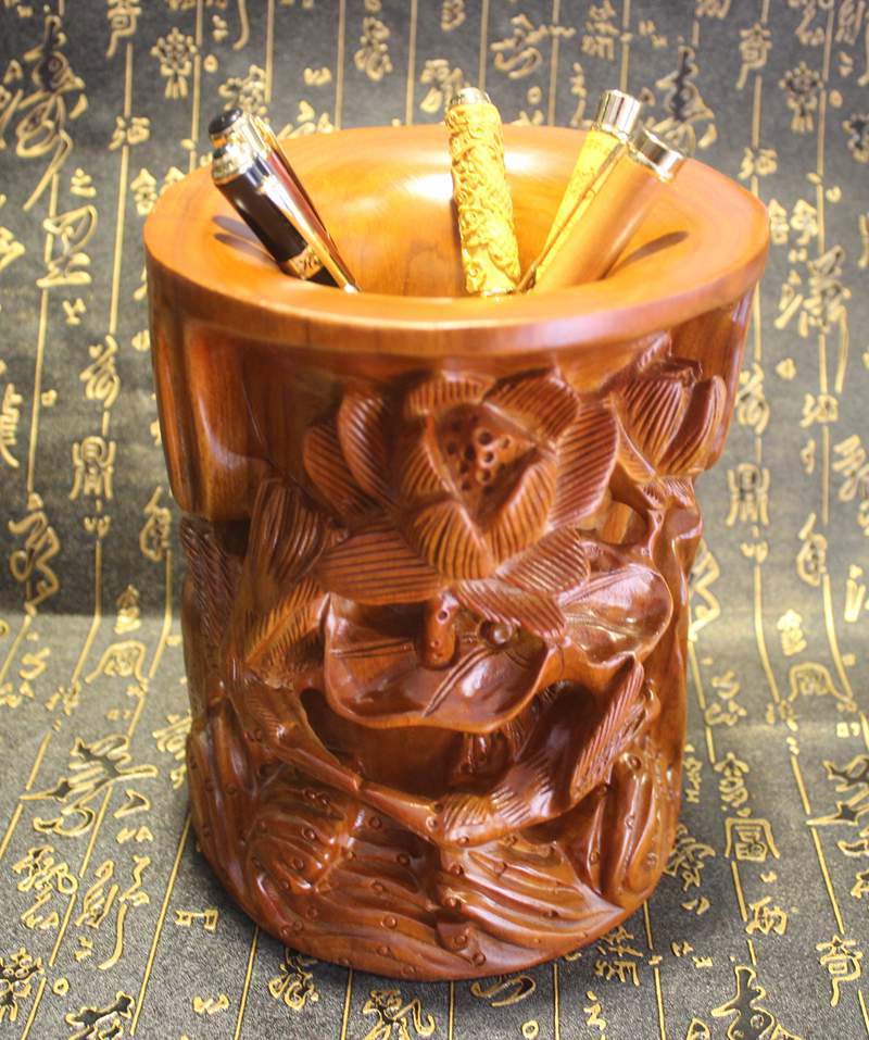 18*15cm草花梨实木雕刻花鸟笔筒 居