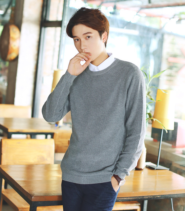 春秋装新款 纯色扭花青年男士针织衫 韩版男装圆领套头毛衣 男