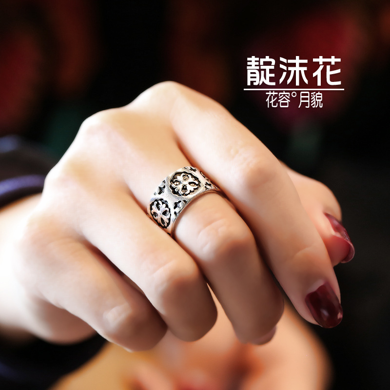 s925银宽面花纹戒指时尚复古开口可调节指环个性食指戒子尾戒饰品