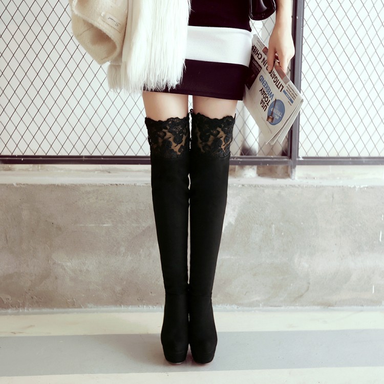 欧美夜店时尚超细高跟过膝长靴子弹力蕾丝女靴外贸女鞋31-46