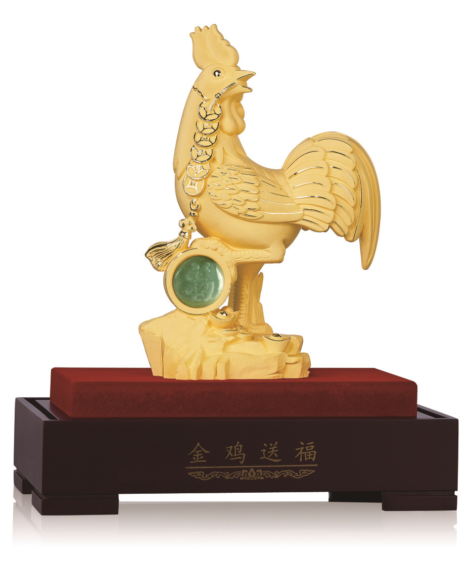 金鸡送福绒沙金摆件 心想事成 全家福 仿24k金鸡年礼品 开业礼品