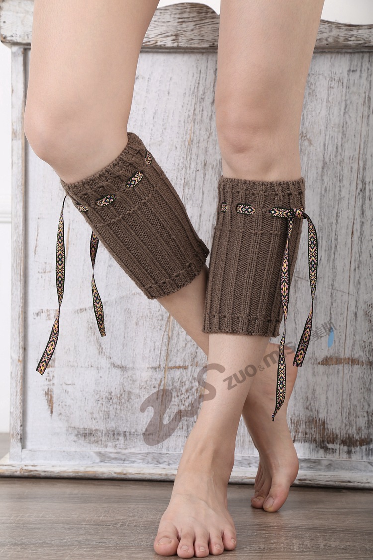 新款脚套欧美保暖护腿套毛线靴套针织小腿套波西米亚直条穿绳袜套