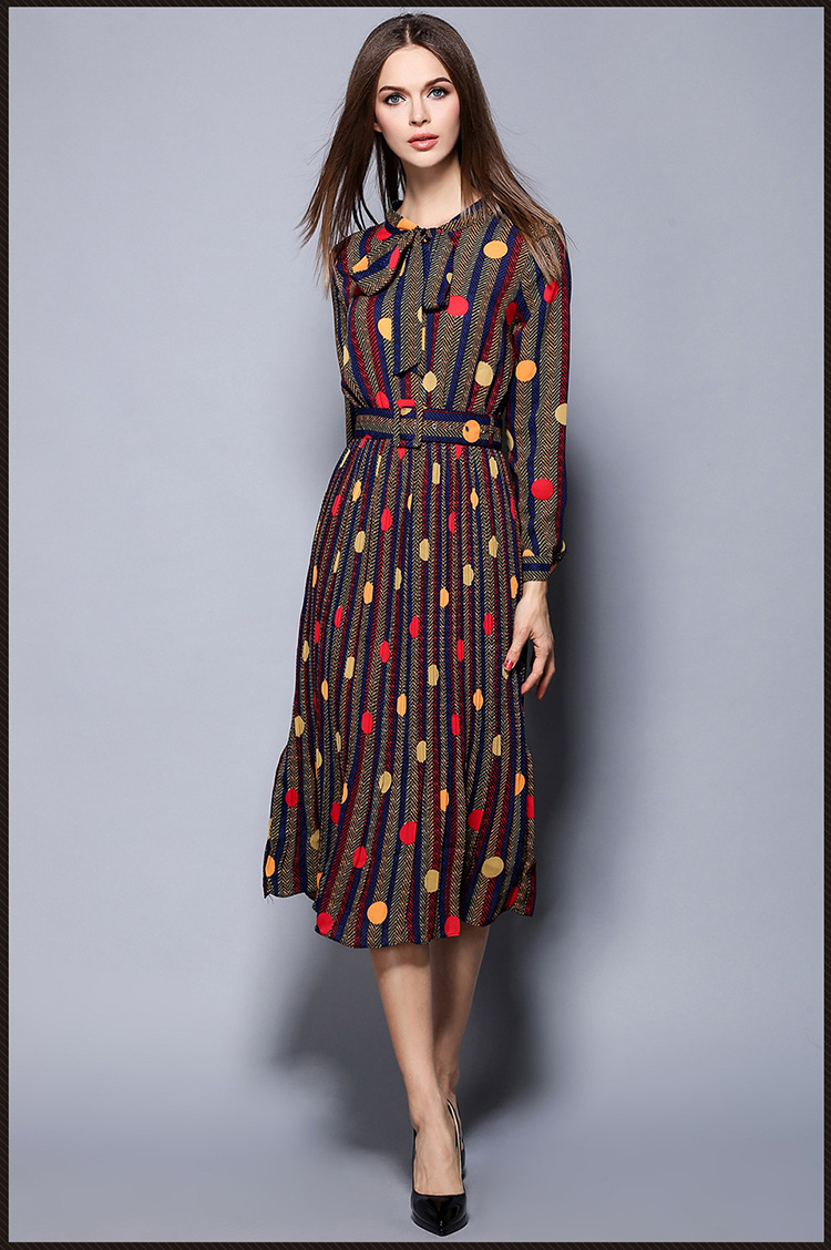 欧美秋季新款休闲时尚波点条纹系带领长袖长款显瘦气质连衣裙