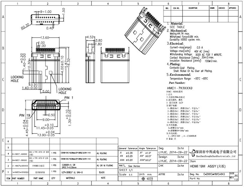 hdmi 19p公头夹板式 焊板式 hdmi公头a型 hdmi连接器 hdmi插头