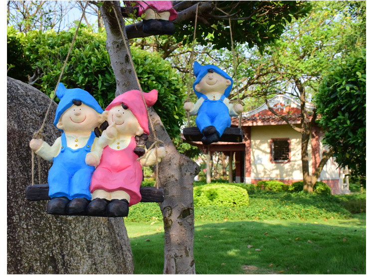 园林景观花园创意摆件户外小品公园装饰挂件卡通人物秋千小孩雕塑