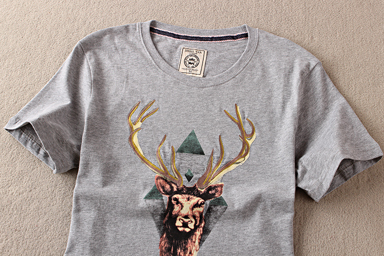 2016夏季新品男式修身短袖t恤 男装鹿头刺绣欧美风圆领印花t恤衫